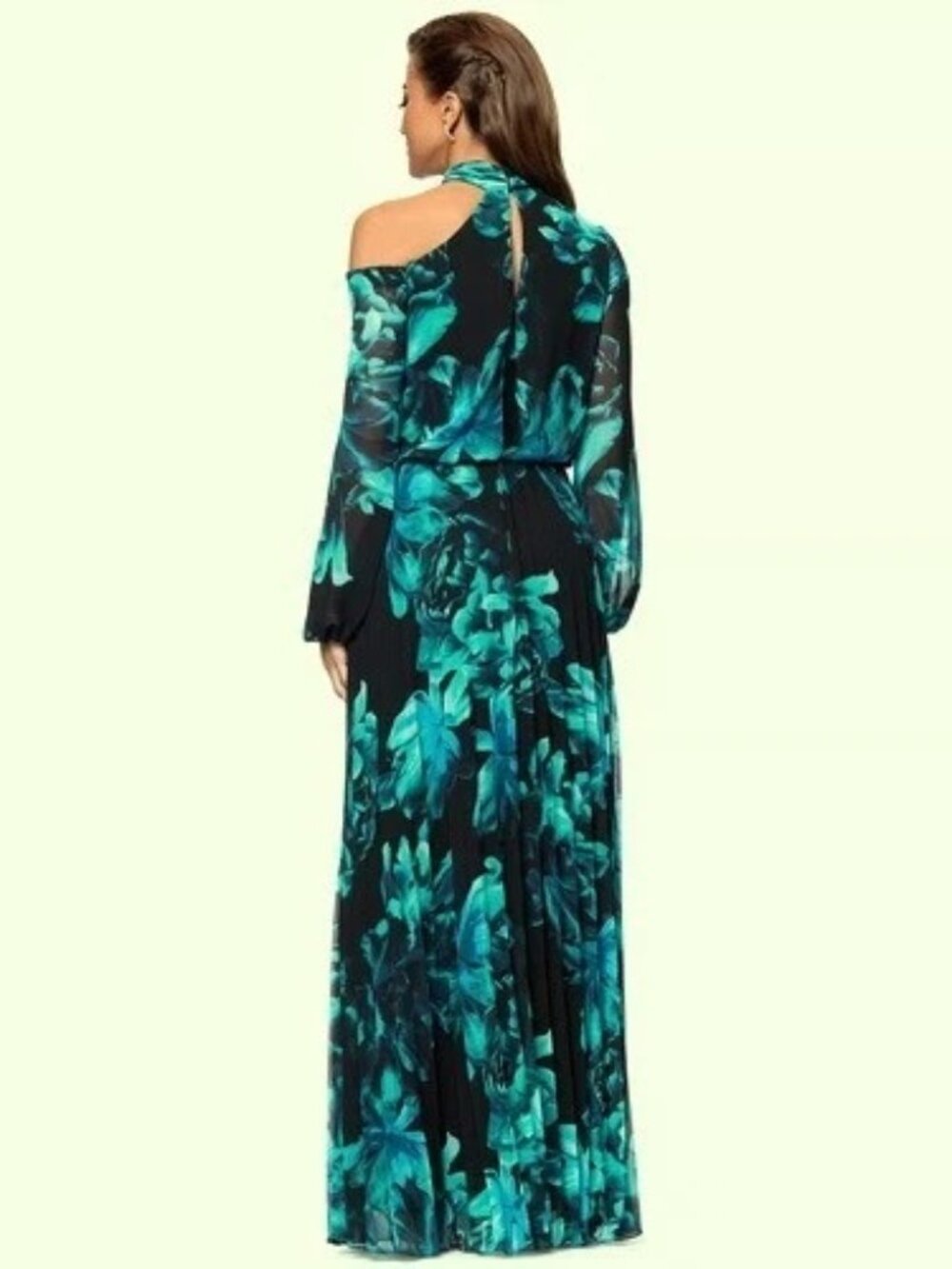 Xscape Black Teal Floral Mock-Neck Cutout Pleated Chiffon Maxi Dress - Picture 3 of 3
